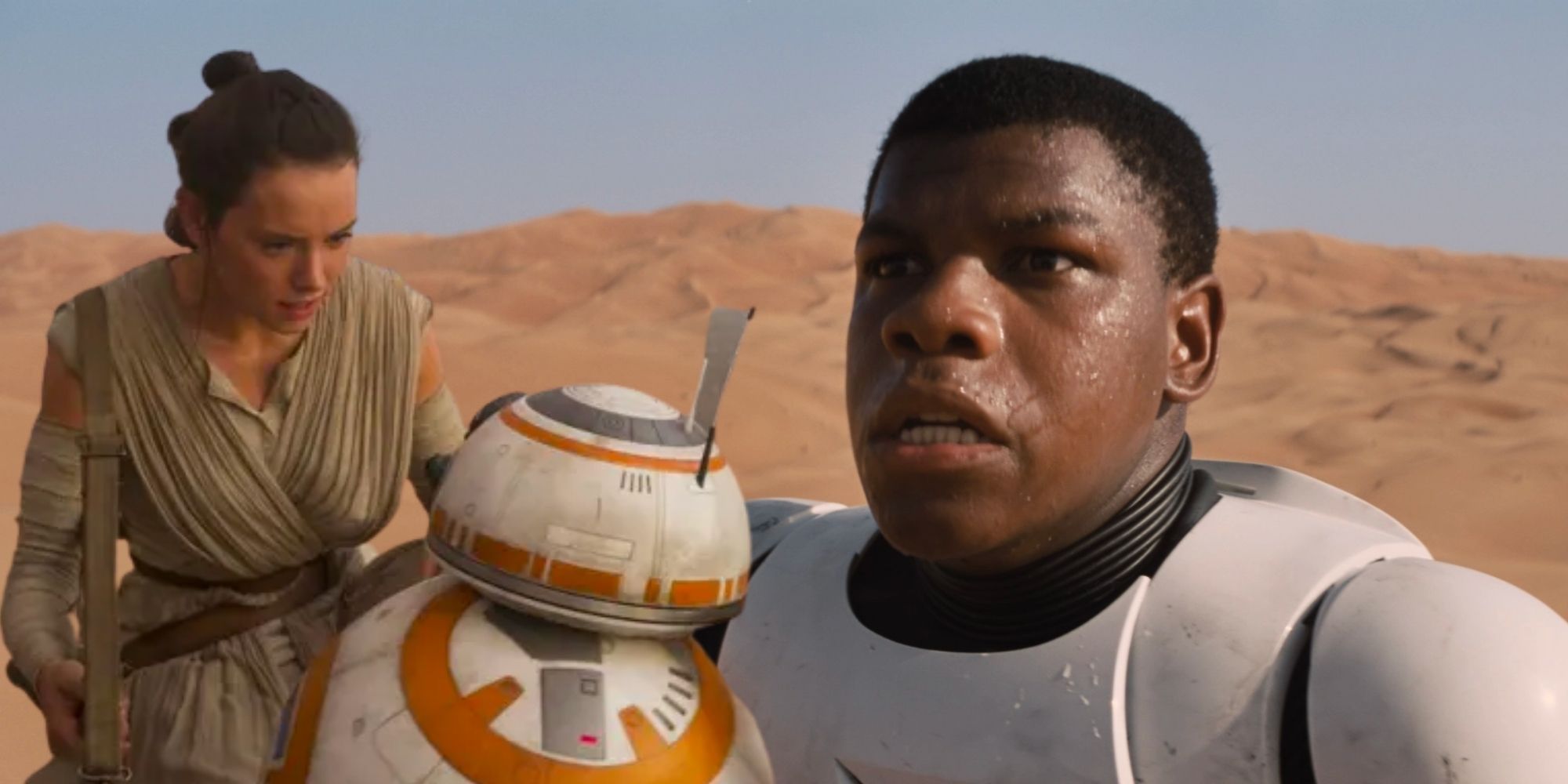 Star Wars the Rise of Skywalker Daisy Ridley John Boyega Rey en BB8 naast Finn in zijn stormtrooper-uniform op Tatooine