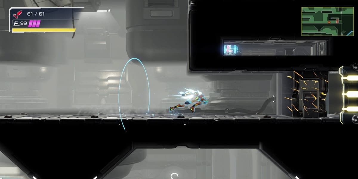 Samus gebruikt de Speedbooster in Dairon in Metroid Dread.