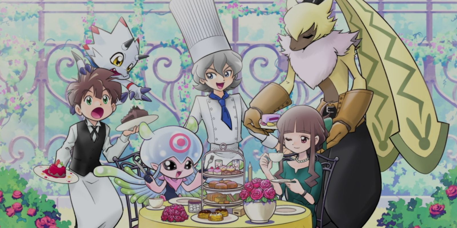 Hiro Amanokawa, Gammamon, Jellymon, Kiyoshiro Higashimitari, Ruli Tsukiyono en SynbareAngoramon hebben een theekransje in de aftiteling van Digimon Ghost Game