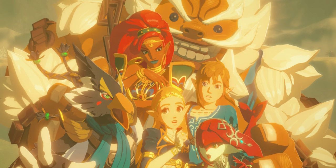 Zelda en haar kampioenen poseren voor een foto in The Champions Ballad DLC in The Legend of Zelda Breath of the Wild