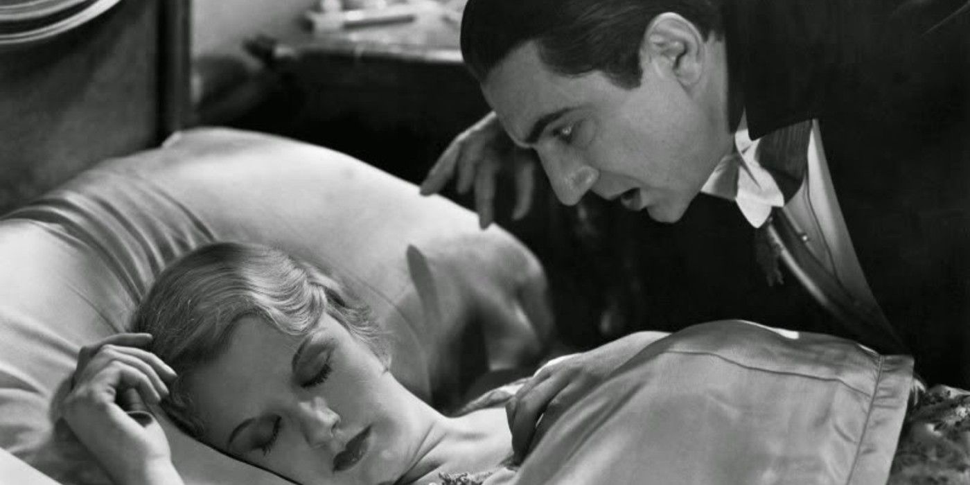 Dracula loert over een slapende Lucy 