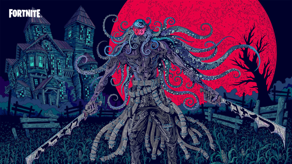 Een promotioneel kunstbeeld dat een man toont met een inktvis als hoofd met tentakels die zich wild uitspreiden tegen een grote rode maan