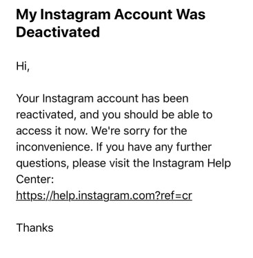 Instagram-account opnieuw geactiveerd e-mail