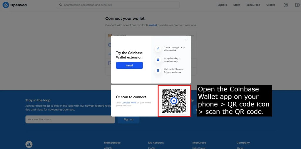 Scan QR-code met Coinbase Wallet om verbinding te maken met OpenSea