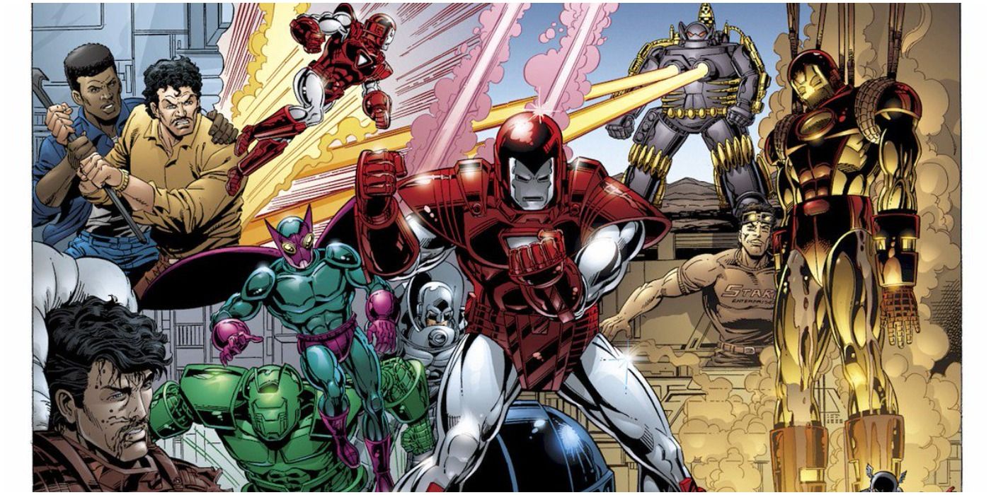 Samengestelde afbeelding van Iron Man Armor Wars met talloze vechtende personages