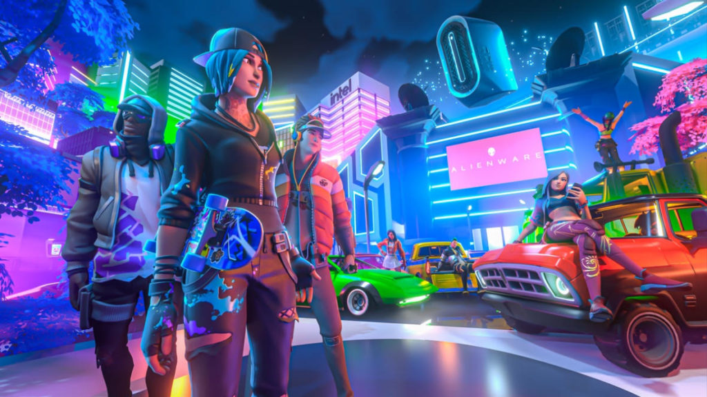 Een promotieafbeelding voor Alienware's Defy City in Fortnite, met twee personages in stedelijke outfits met een stad van neon erachter