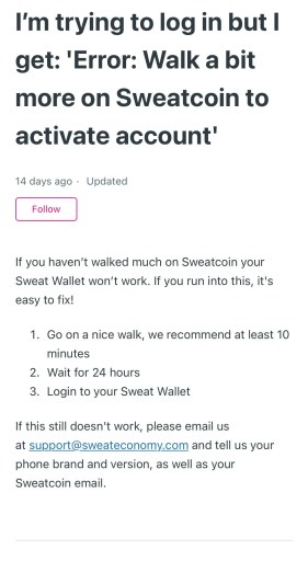 Fout: Loop een beetje meer op Sweatcoin om account te activeren