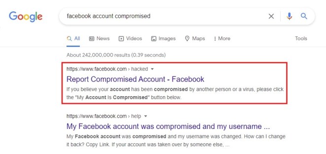 Meld gecompromitteerd account Facebook