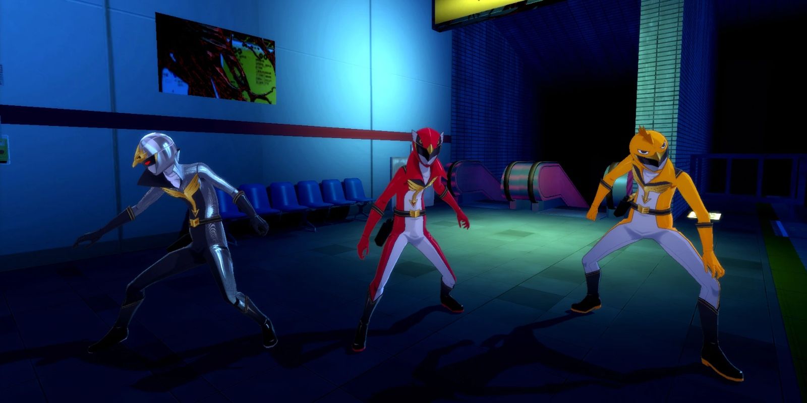 Persona 5's Akechi, Joker en Skull in Featherman-kostuums