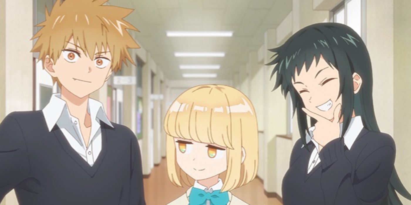Screencap van Inuzuka, Nekozaki en Hachimitsu uit de anime Shikimori's Not Just a Cutie