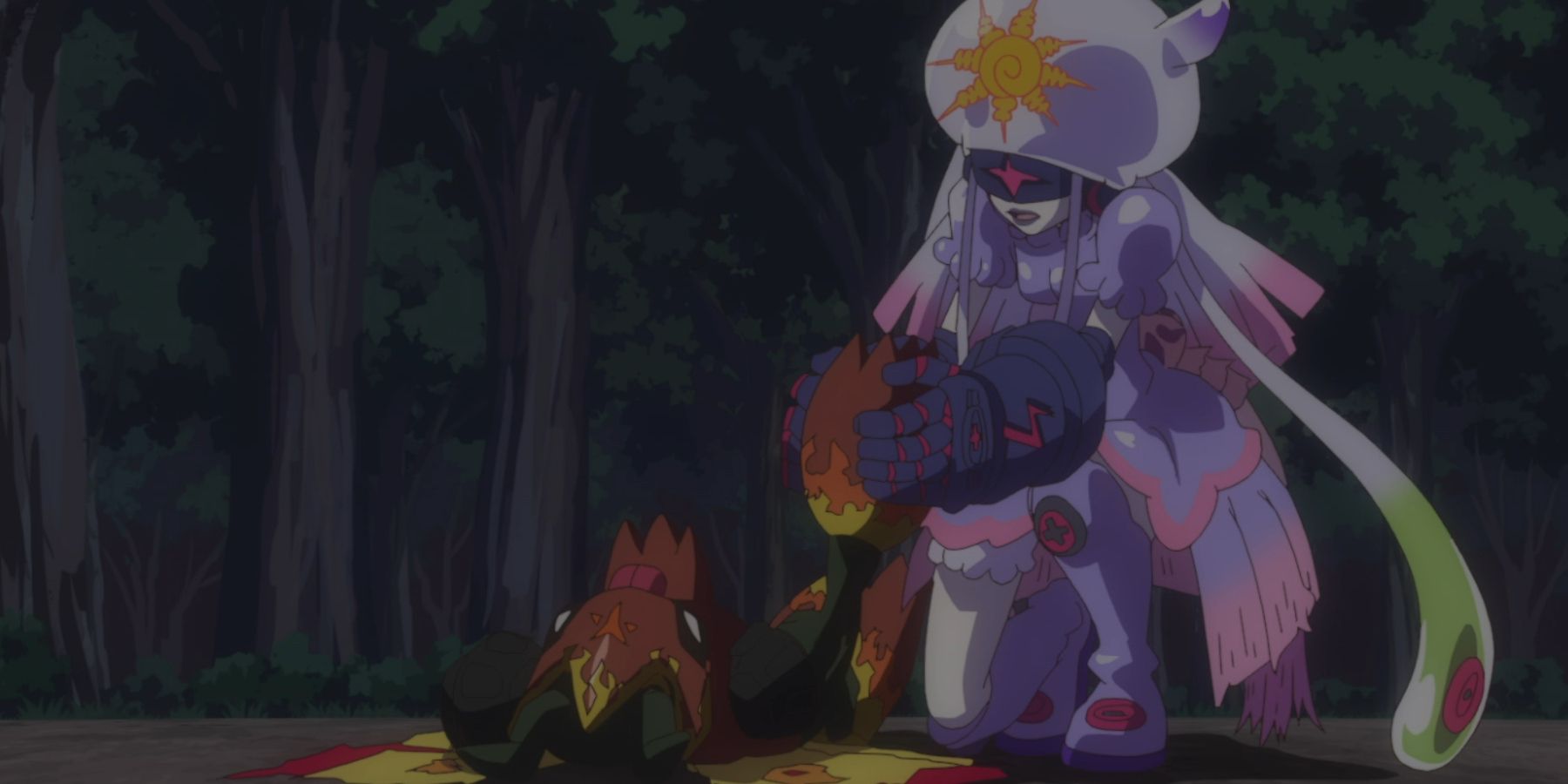 Thetismon probeert een stervende Shadramon te redden in Digimon Ghost Game