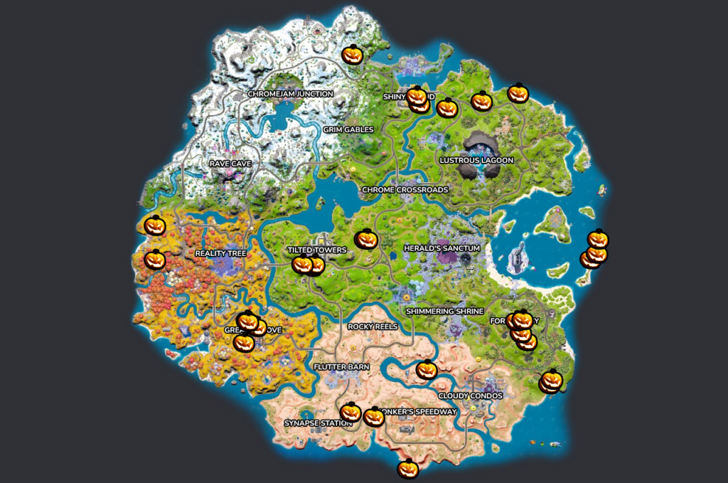 Een afbeelding van Fortnite met alle Jack-o-Lantern-locaties op de kaart