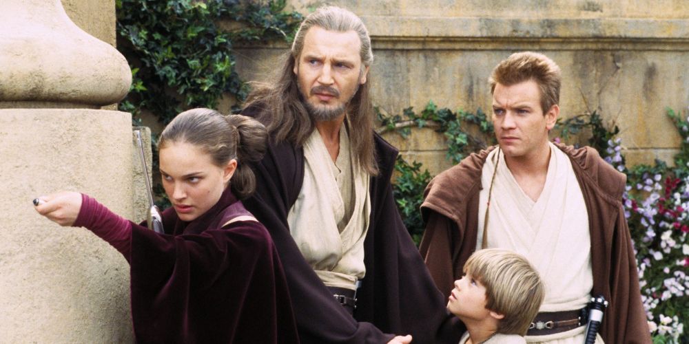 Padme Amidala, Qui-Gon Jinn, Obi-Wan Kenobi en Anakin Skywalker in Star Wars: The Phantom Menace-film