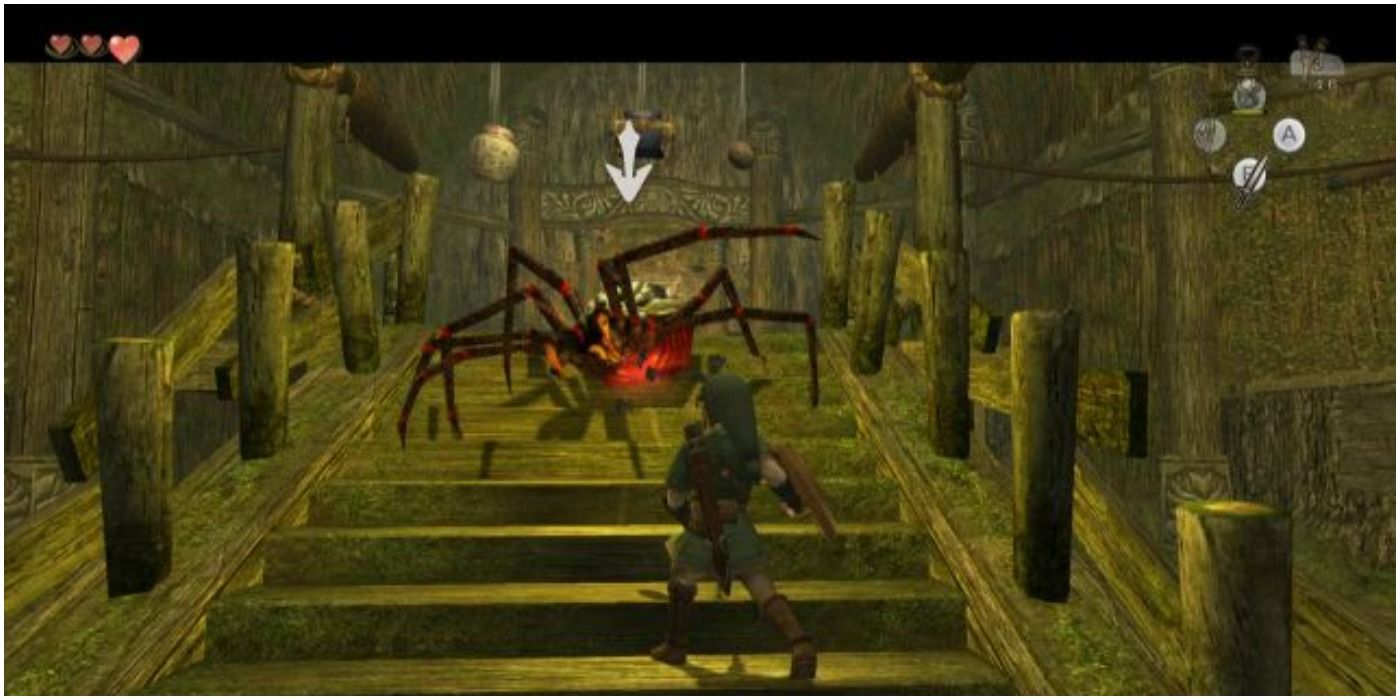 Twilight Princess Legend of Zelda Forest Temple Link vecht tegen een spin