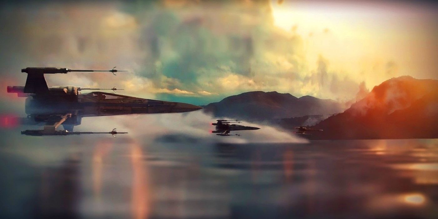 X-Wing Fighters scheren over een meeroppervlak in Star Wars: The Force Awakens