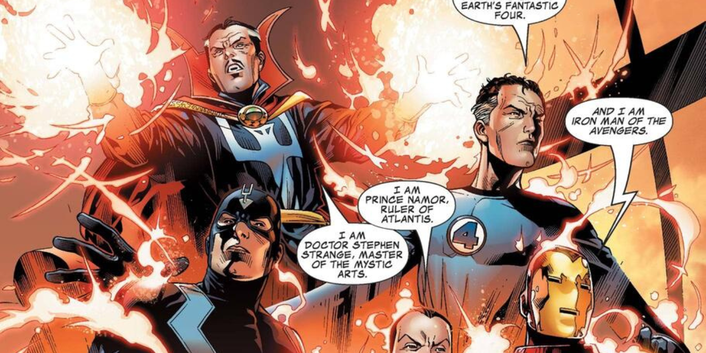 Doctor Strange met Reed Richards, Black Bolt, Iron Man en Namor