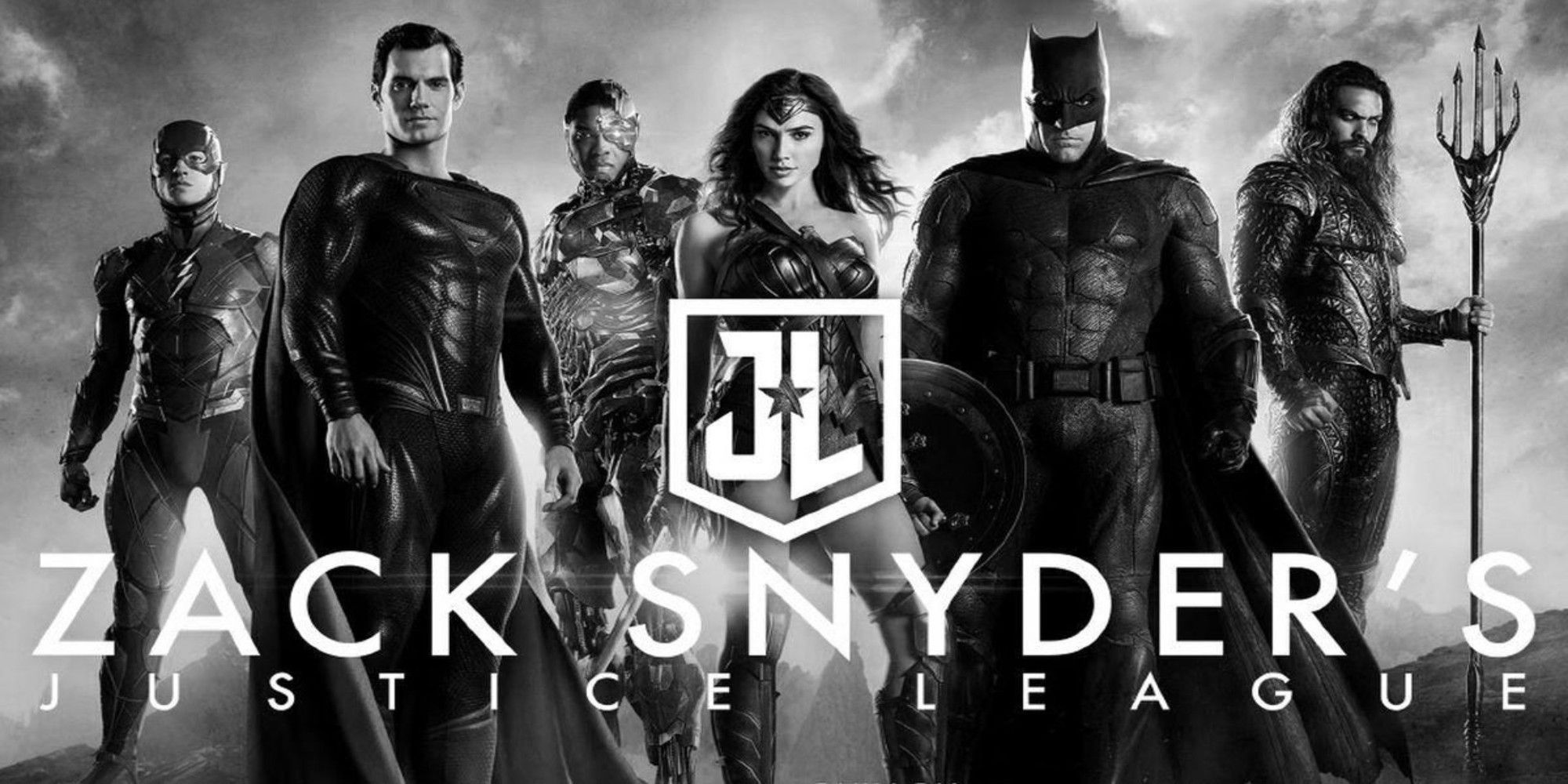 Een zwart-wit poster met de superhelden die betrokken zijn bij Zack Snyder's Justice League 