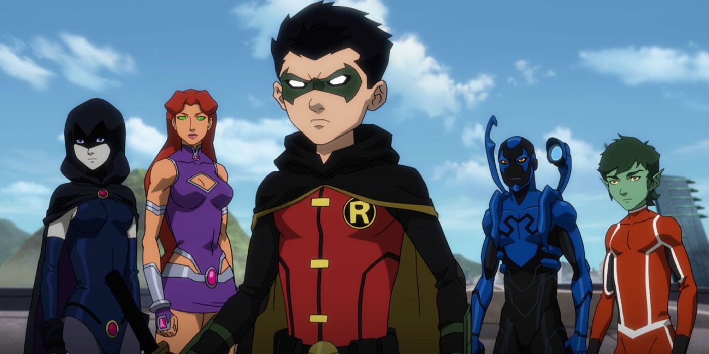 De Teen Titans van Justice League vs Teen Titans - Van links naar rechts (Raven, Starfire, Robin, Blue Beetle, Beastboy)