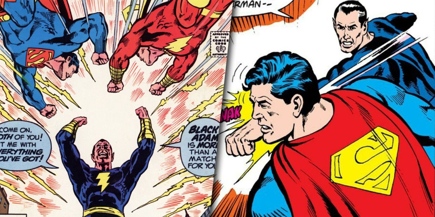 Superman en Shazam vliegen naar Black Adam en Black Adam terwijl ze Superman splitsen afbeelding