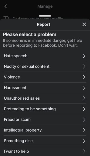 Selecteer een probleem op Facebook