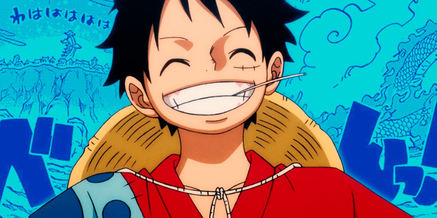 Luffy van One Piece lacht voor een blauwe kaart.