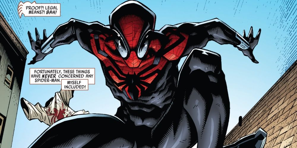 Een panel dat de morele dubbelzinnigheid van Superior Spider-Man benadrukt