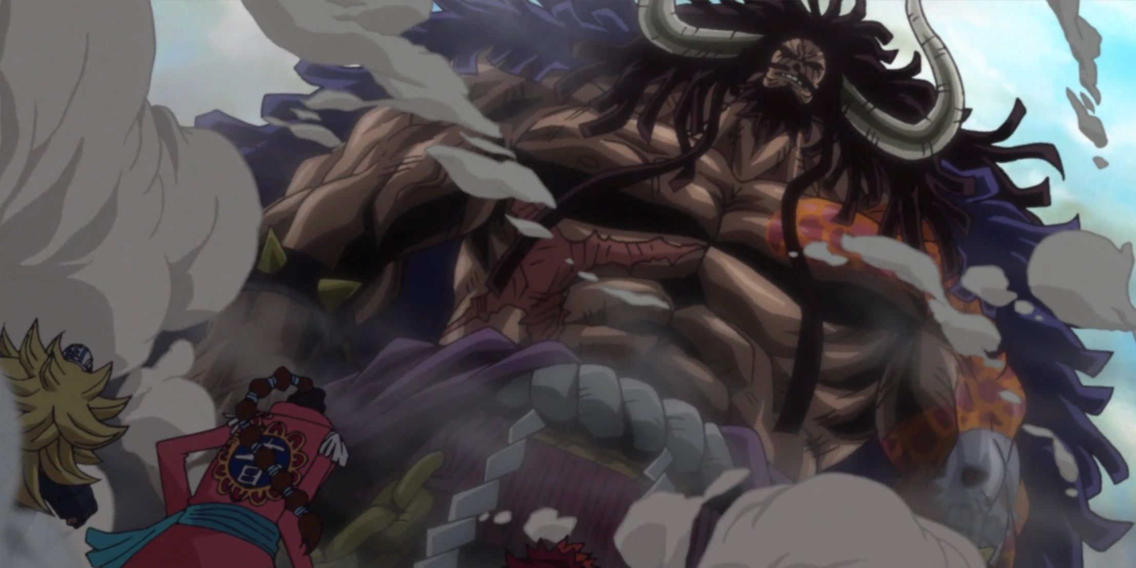 Kaido met littekens op zijn torso in One Piece.