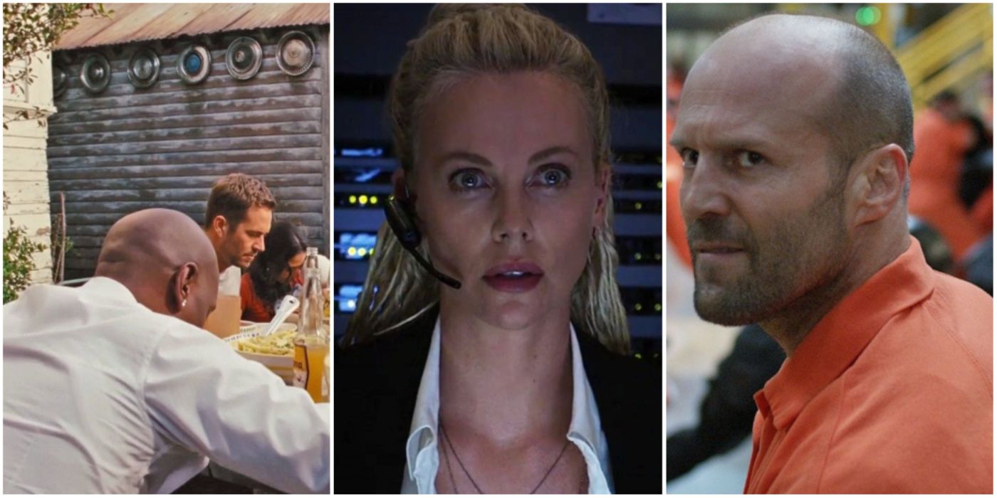 Een gesplitst beeld van de Fast and Furious-cast die een maaltijd eet, van Charlize Theron als Cipher en van Jason Statham als Deckard Shaw