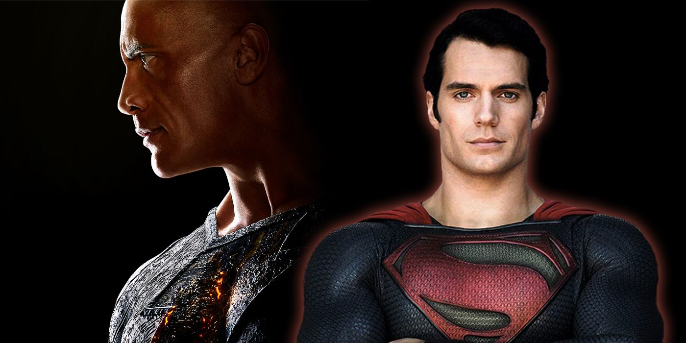 Henry Cavill's Superman naast een afbeelding van Black Adam's Dwayne Johnson.