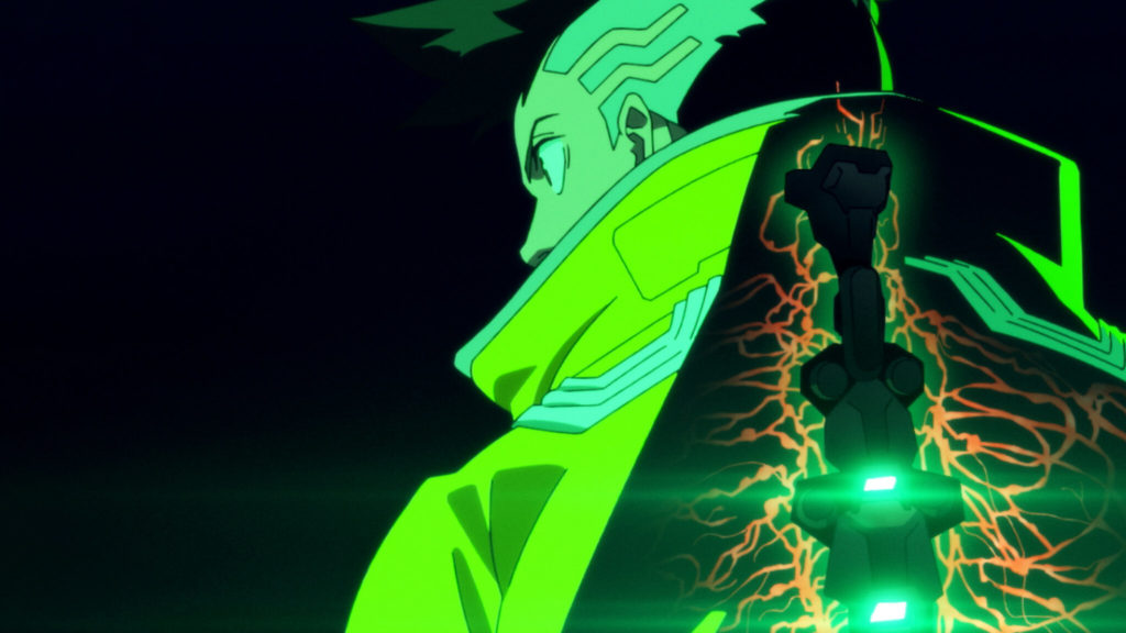 Een afbeelding van Cyberpunk Edgerunners met een personage met zijn rug naar de camera gekeerd en een soort mechanisch zwaard op zijn rug