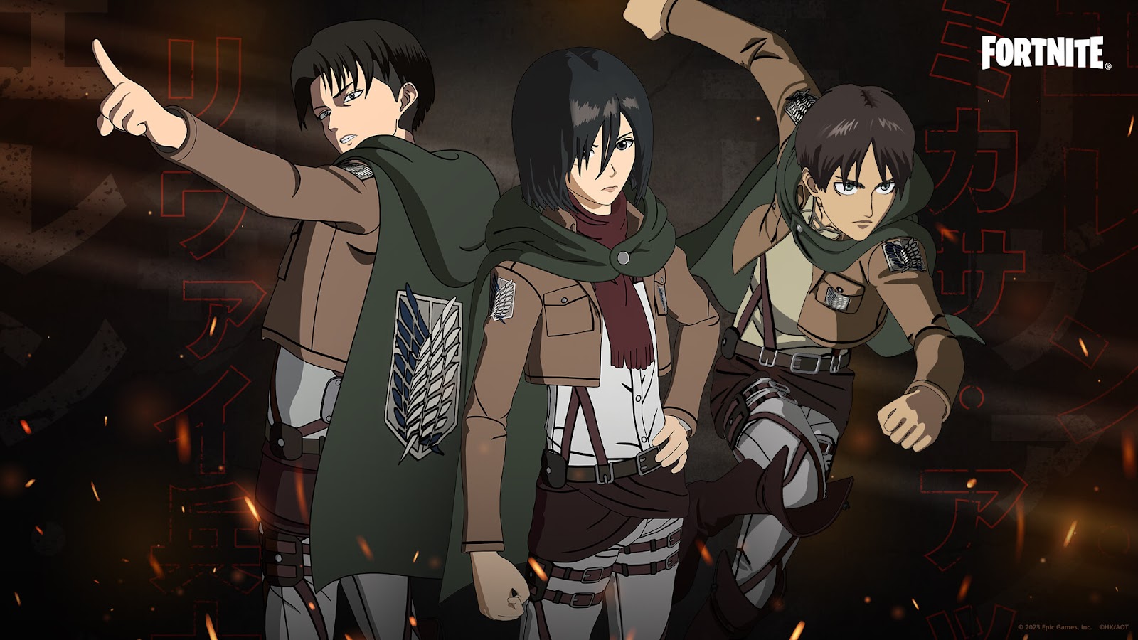 Fortnite Captain Levi, Mikasa Ackermann en Eren Jaeger-outfits