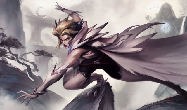 Rakan staat dreigend op een rots in League of Legends.