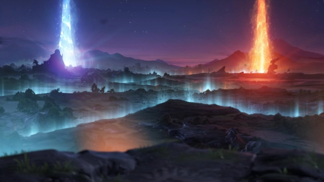 De Radiant and Dire Ancients exploderen terwijl de grond onder hen uiteenvalt in Dota 2.
