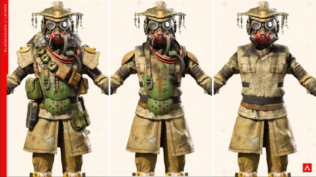 De standaardoutfit van Bloodhound, met drie verschillende afbeeldingen die de verschillen laten zien in elke laag van de outfit van de Legend.