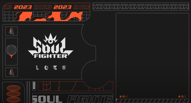 Een afbeelding van het Soul Fighter 2023-logo van League of Legends.  Het is oranje, zwart en wit met een futuristische uitstraling. 