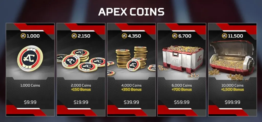 Een weergave van alle beschikbare aankoopopties voor Apex Coins in Apex Legends.