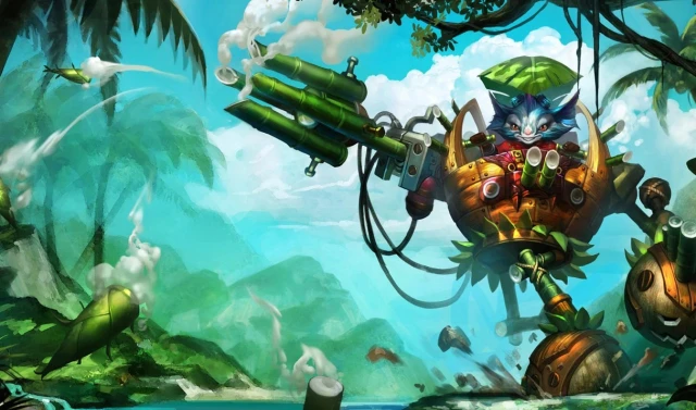 Rumble zit in zijn jungle-achtige machine en schiet zijn raketten af.