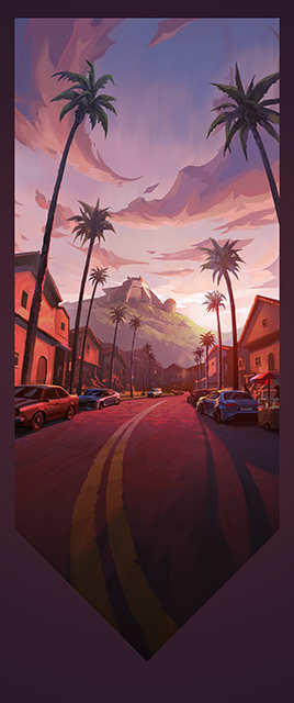 De Golden Hour-spelerskaart in VALORANT toont een straat met palmbomen en auto's langs de zijkanten.  Op de achtergrond ligt een berg met een metalen gebouw.