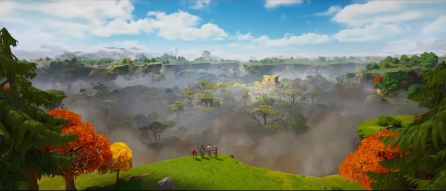 Fortnite-personages staan ​​op de rand van een krater en kijken uit over een bos van bomen met een tempel in het midden. 