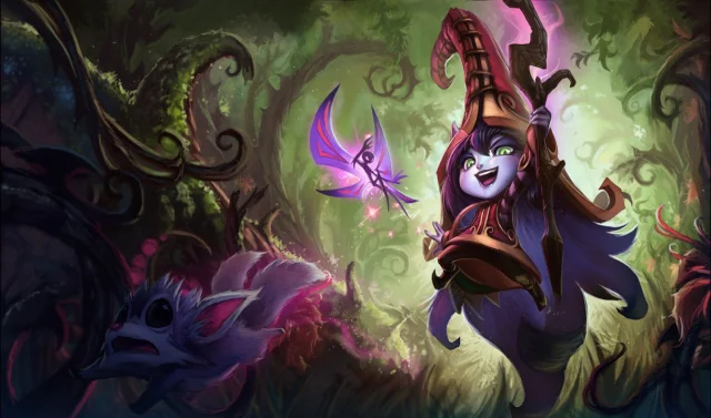 Lulu, de Fae Sorceress, lijkt te lachen samen met haar kleine, paarse elfenvriend Pix.