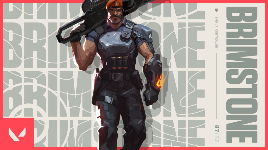 De splash-art voor Brimstone.  Hij houdt een pistool over zijn schouder en kijkt heel serieus.