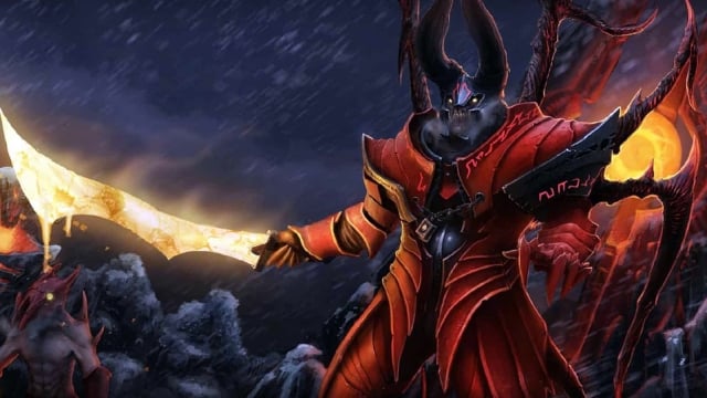 Doom hanteert zijn Infernal Blade tijdens een winterse nacht op het slagveld van Dota 2.