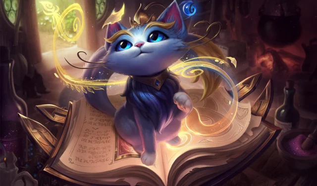 De officiële splash-art voor Yuumi, de magische kat, met een lichtblauwe kat op een boek met magie die om haar heen wervelt.
