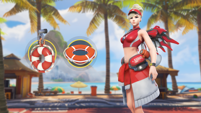 Mercy in haar rood-witte Legendary Lifeguard-skin, naast haar Lifebuoy-spray en wapencharme.