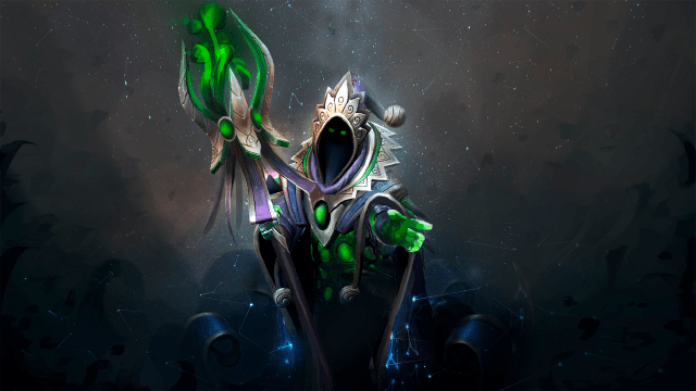 Een ondeugende magiër met een paarse mantel en een groene staf gebaart voor een sterrenveld in Dota 2. 