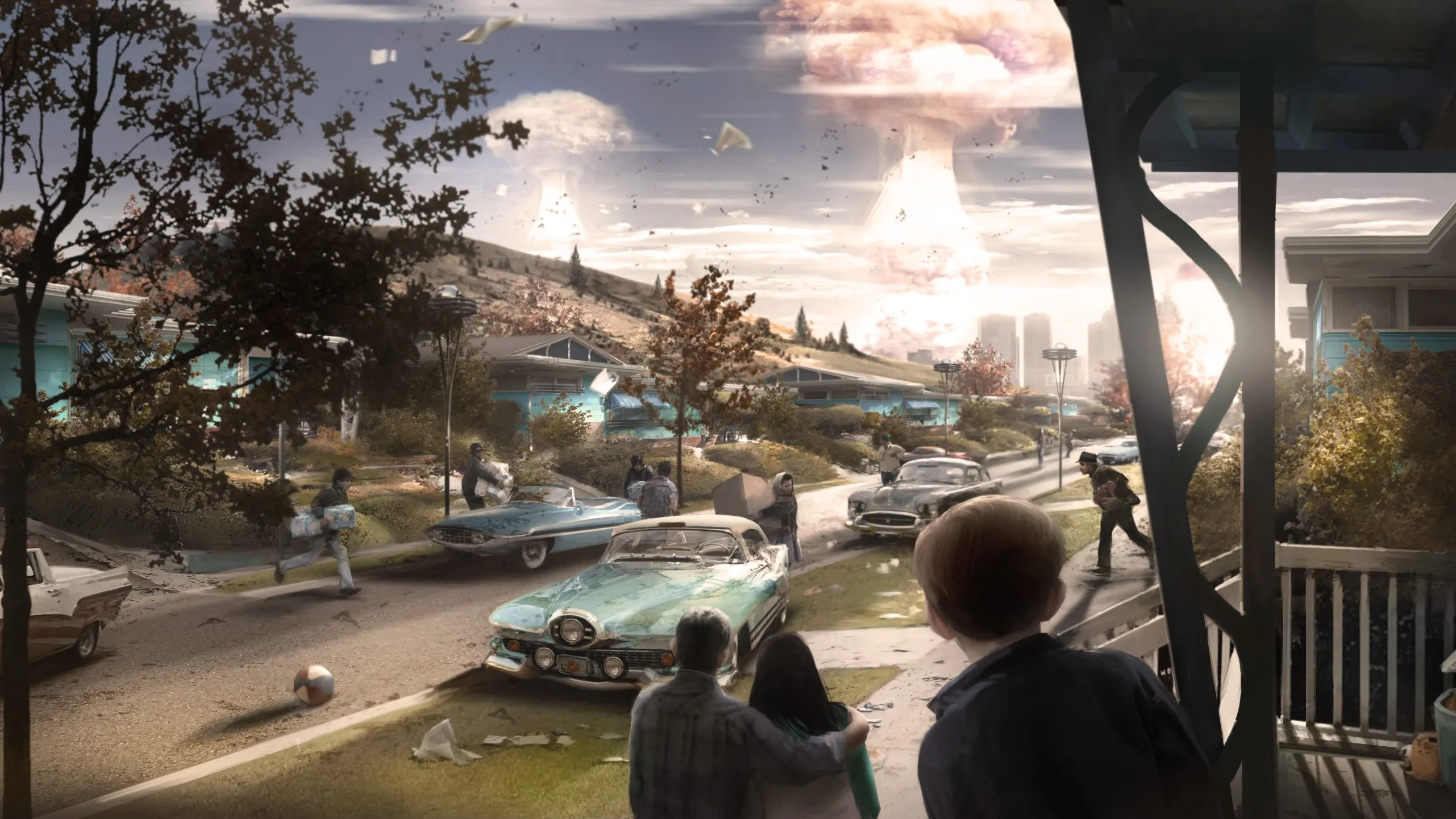 Burgers op straat kijken toe terwijl de atoombom ontploft op de achtergrond.