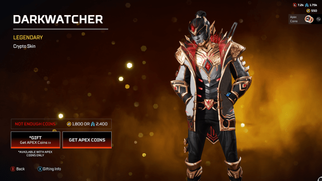De Darkwatcher Crypto-skin, die Crypto-elfkenmerken en een donkergrijze huid, rode ogen en een witte, rode en gouden jas met hoge kraag geeft.