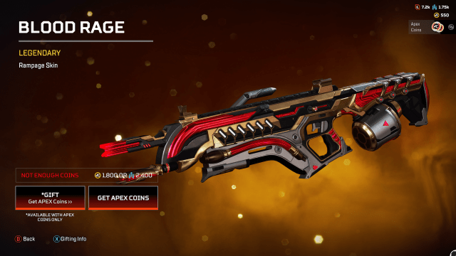 The Blood Rage Rampage, een rode, gouden, zwarte en zilveren skin met gloeiende rode elementen.
