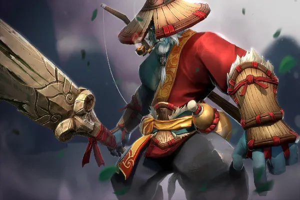 Een figuur in een rood gewaad en hoed staat klaar om te vechten, met een gigantische lans vast.