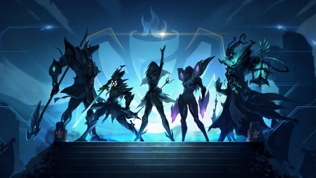 Een groep van vijf League of Legends-kampioenen, waaronder Nasus, Master Yi, Lux, Kaisa en Thresh, bereiden zich voor op de strijd voor een blauwe vlam.